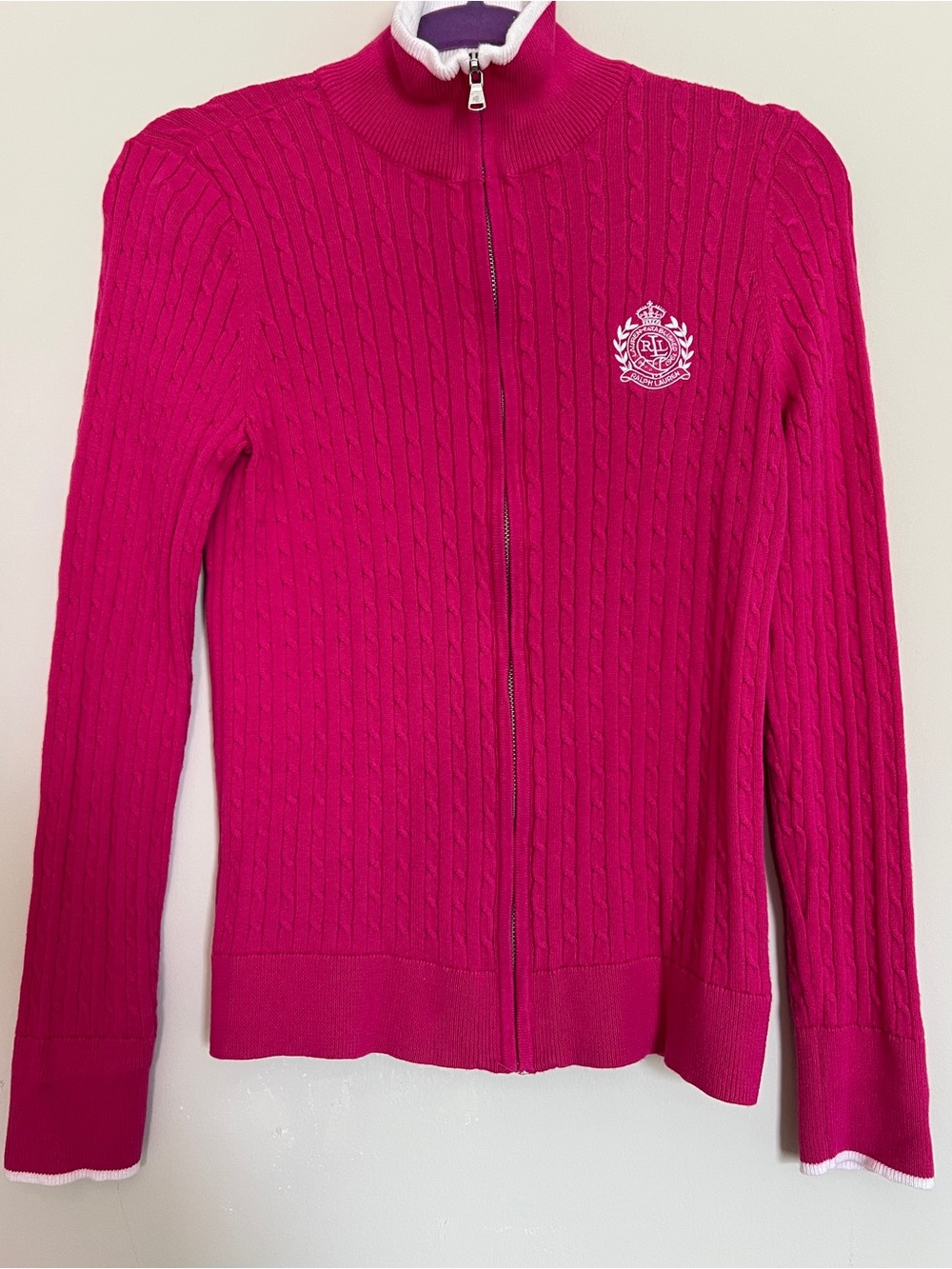 Y2K Lauren Ralph Lauren pink cable knit zip up sweater size medium
